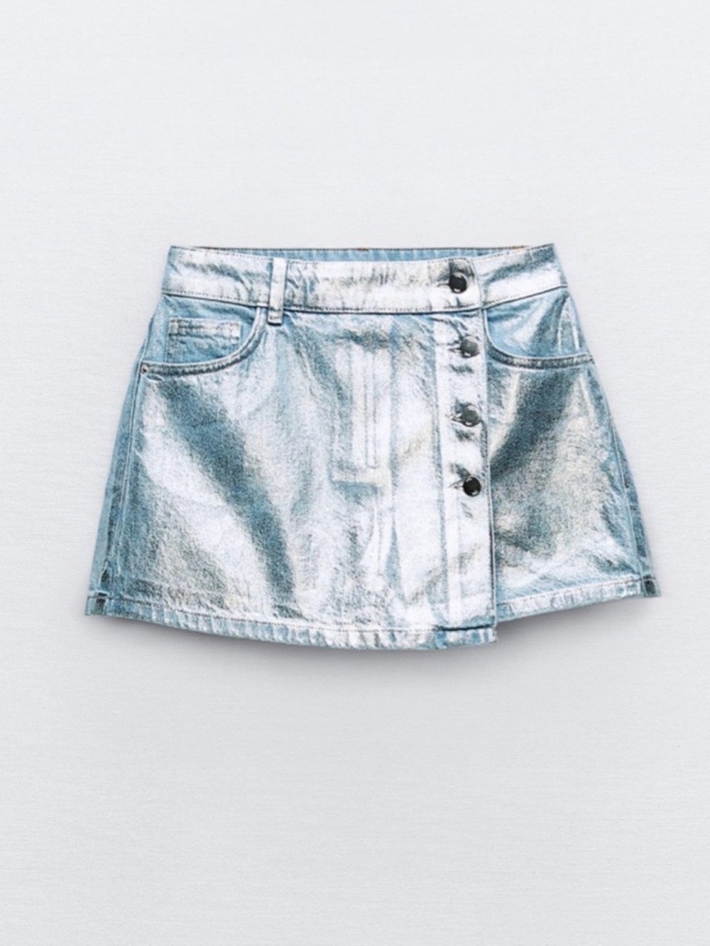 Zara Metallic Silver Button-Front Mini Skort